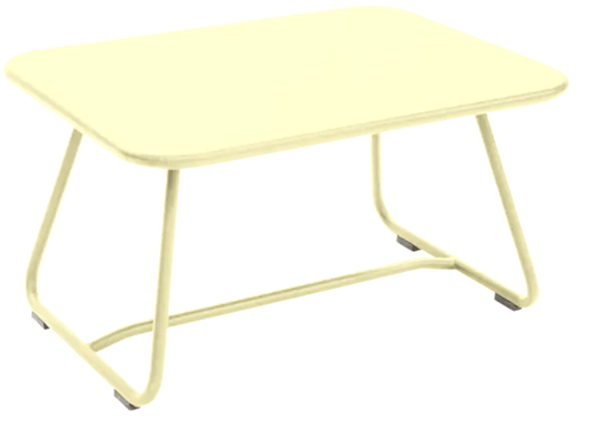 Fermob Sixties low outdoor table with frosted lemon finish, 76x55.5cm, modern design for patio or garden use.