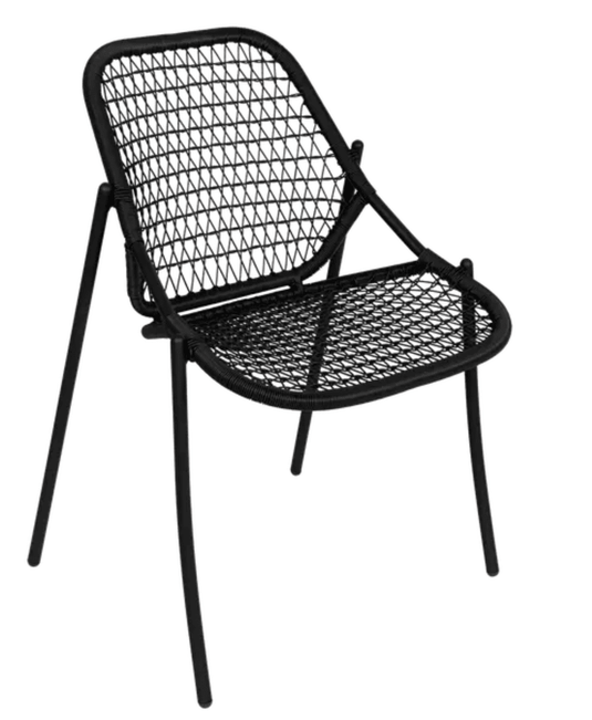 Fermob Sixties stackable knitted outdoor chair in liquorice color, modern design, suitable for patio or garden seating.