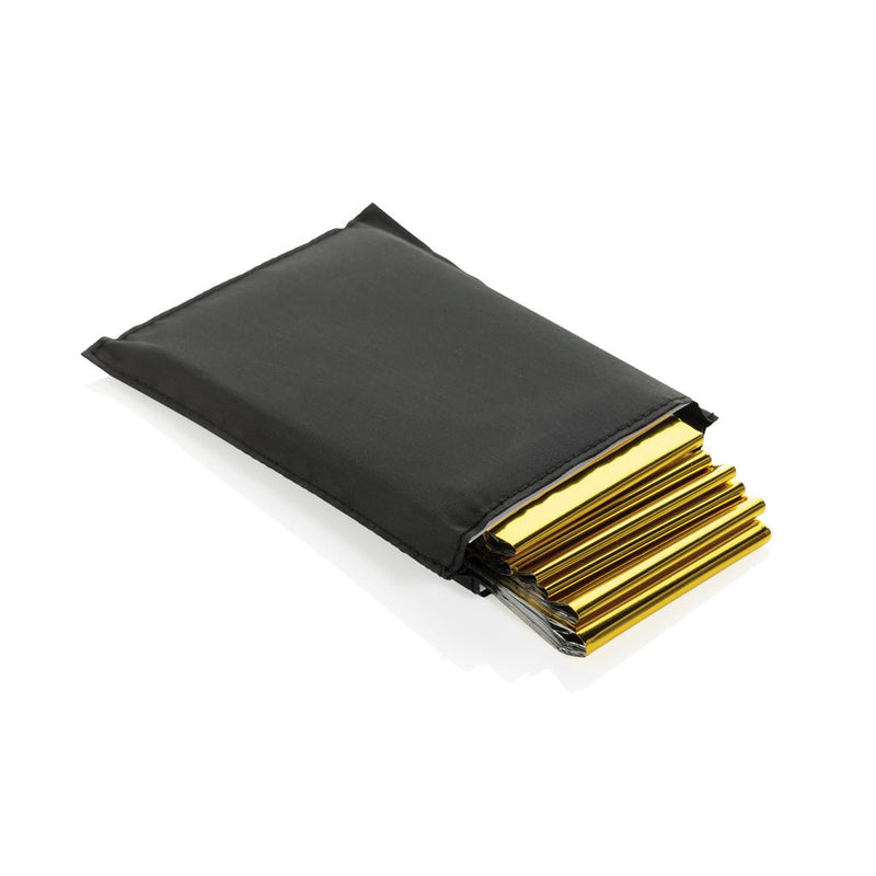 Load image into Gallery viewer, XD Collection Solra emergency blanket in RCS recycled RPET pouch, black car safety blanket with wood design.
