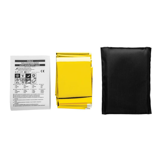 XD Collection Solra emergency blanket in RCS recycled RPET pouch, compact car safety essential with custom wood design.