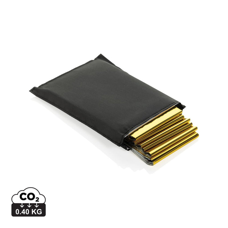 Load image into Gallery viewer, XD Collection Solra emergency blanket in RCS recycled RPET pouch, black car safety accessory with wood design, compact and eco-friendly.
