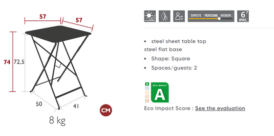 Fermob foldable metal bistro table 57x57 inches, outdoor cafe table with a sleek design and foldable feature for easy storage.
