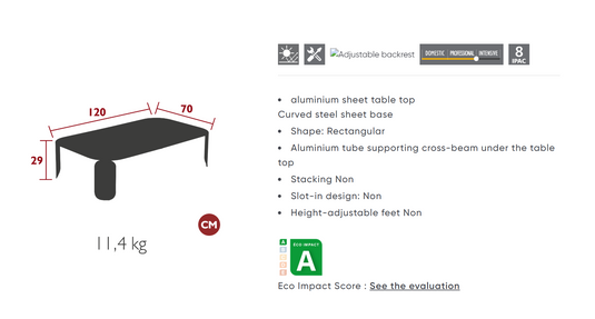 Fermob Bebop low outdoor table, 120x70 cm with 42 cm height, featuring sleek design and durable finish for outdoor use.