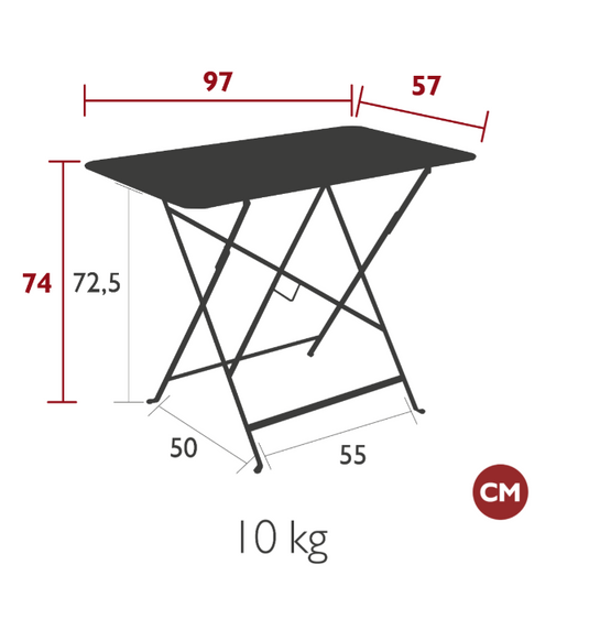 Fermob foldable bistro table with 97x57 cm metal surface, suitable for restaurant or terrace outdoor seating.