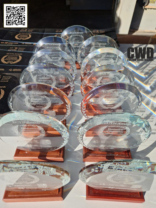 Sports Trophies Ireland - Custom Wood DesignsPack of 10 round award plaques by Custom Wood Designs featuring crystal and wood elements for recognition and achievement.Sport Trophies24575211339191