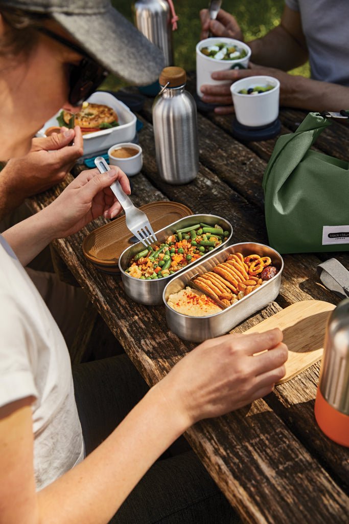 Load image into Gallery viewer, Stainless Steel Double Bento Box - Custom Wood DesignsBlack + Blum stainless steel double bento box with two compartments for home and lunch storage.Home &amp; LivingP439.2002Stainless steel,Bamboogrey
