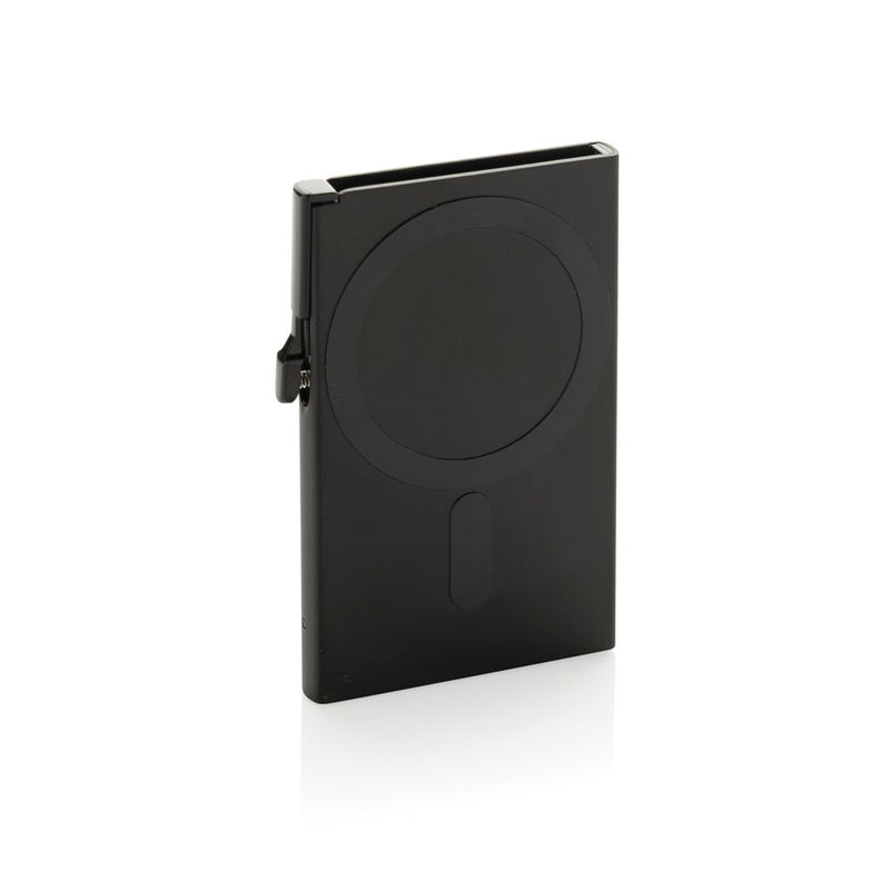 Load image into Gallery viewer, Aluminium RFID magnetic phone cardholder with custom wood design, black finish, from XD Collection, designed for secure card storage.
