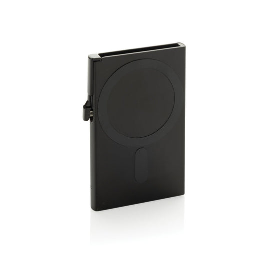 Aluminium RFID magnetic phone cardholder with custom wood design, black finish, from XD Collection, designed for secure card storage.
