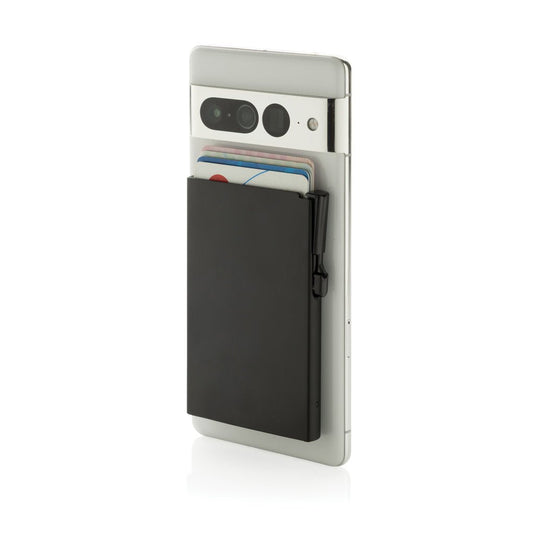XD Collection aluminium RFID magnetic phone cardholder with wood design, compact and secure for travel and everyday use.