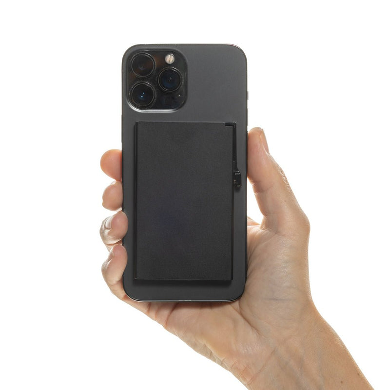 Load image into Gallery viewer, XD Collection aluminium RFID magnetic phone cardholder with custom wood design, compact travel accessory for secure card storage.
