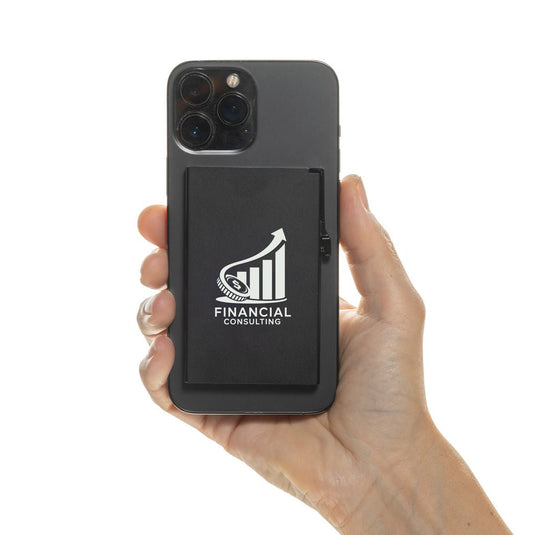 XD Collection aluminium RFID magnetic phone cardholder with custom wood design, compact travel accessory for cards and IDs.
