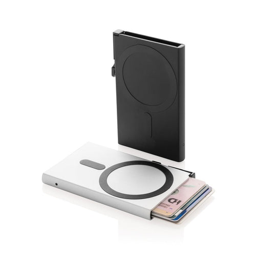XD Collection aluminum RFID magnetic phone cardholder with wood design, compact travel bag for cards and essentials.
