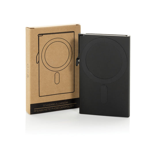 XD Collection aluminium RFID magnetic phone cardholder with wood design, compact travel bag for cards and essentials.