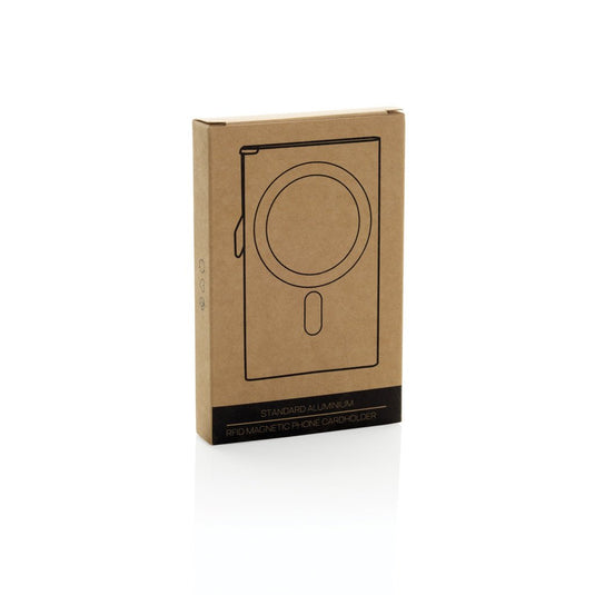 XD Collection aluminium RFID magnetic phone cardholder with custom wood design, compact travel accessory for cards and IDs.