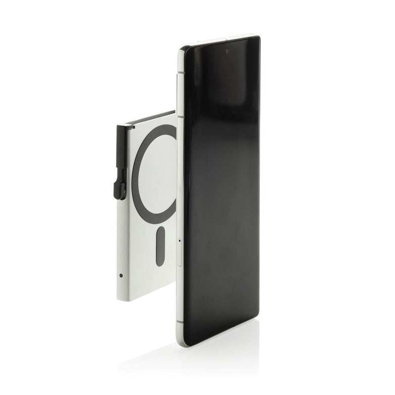 Load image into Gallery viewer, Silver aluminium RFID magnetic phone cardholder from XD Collection, featuring a custom wood design and compact travel-friendly style.
