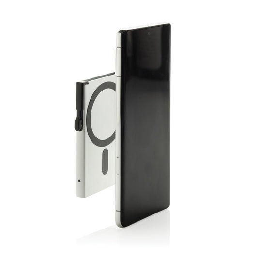 Silver aluminium RFID magnetic phone cardholder from XD Collection, featuring a custom wood design and compact travel-friendly style.