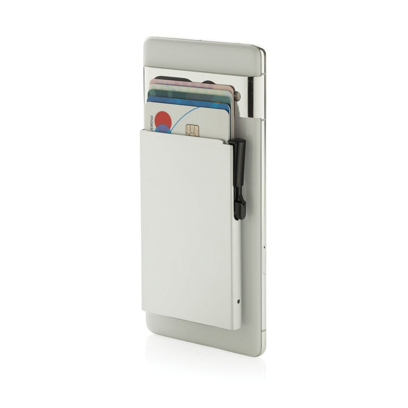 Load image into Gallery viewer, Silver aluminium RFID magnetic phone cardholder with wood design from XD Collection, designed for travel and everyday use.
