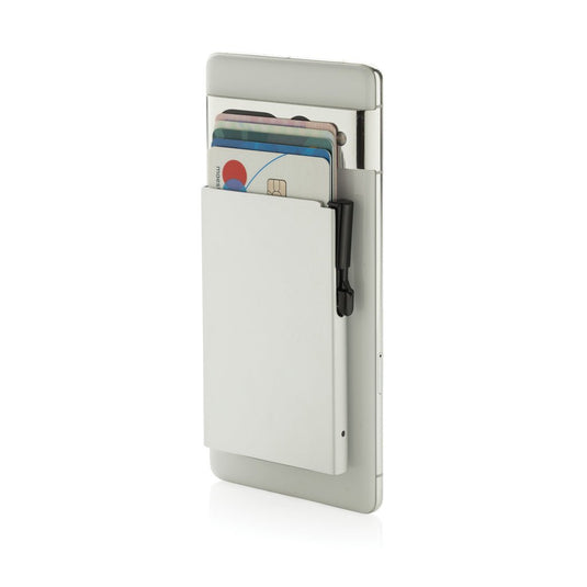 Silver aluminium RFID magnetic phone cardholder with wood design from XD Collection, designed for travel and everyday use.