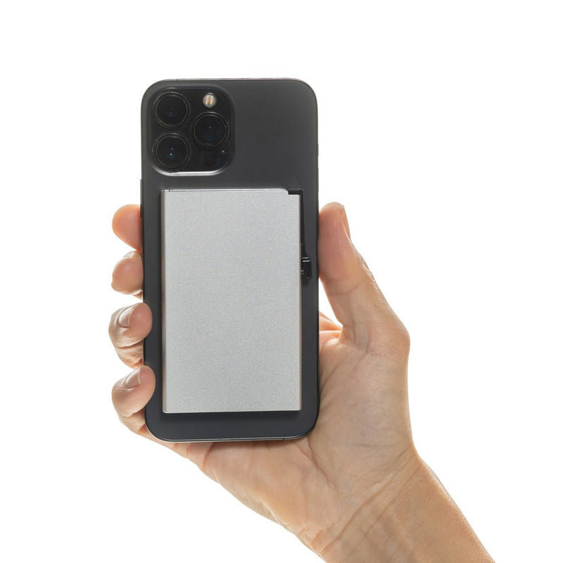 Load image into Gallery viewer, XD Collection aluminium RFID magnetic phone cardholder with wood design, compact and secure for travel and everyday use.
