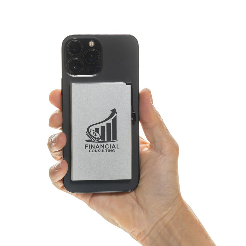 Load image into Gallery viewer, XD Collection aluminium RFID magnetic phone cardholder with custom wood design, compact travel accessory for secure card storage.
