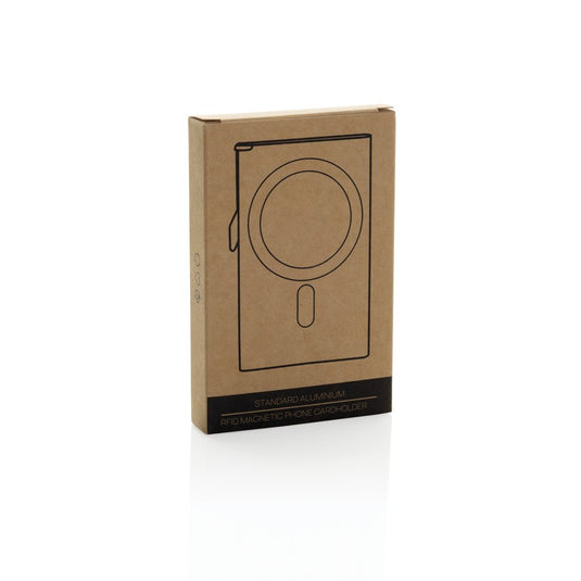 XD Collection aluminium RFID magnetic phone cardholder with wood design, compact travel accessory for secure card storage.