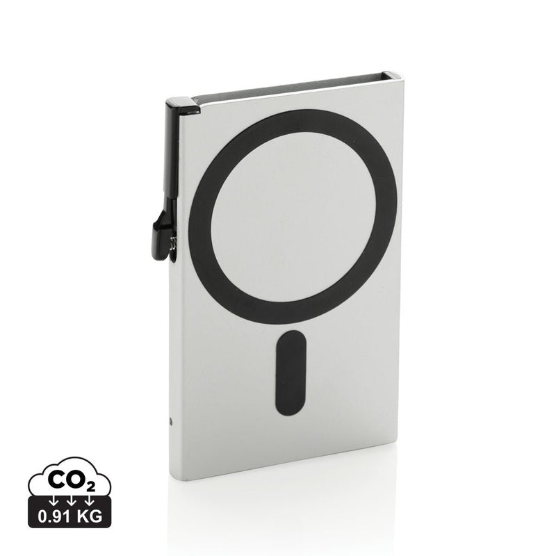 Load image into Gallery viewer, XD Collection aluminium RFID magnetic phone cardholder with custom wood design, compact travel accessory, silver finish.
