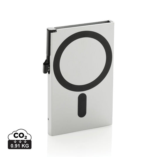 XD Collection aluminium RFID magnetic phone cardholder with custom wood design, compact travel accessory, silver finish.