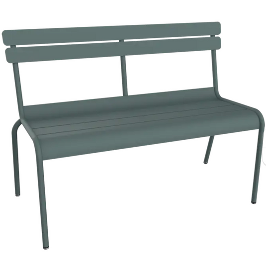 Luxembourg 2/3-seater outdoor bench by Fermob in storm grey with backrest, suitable for garden or hallway seating.