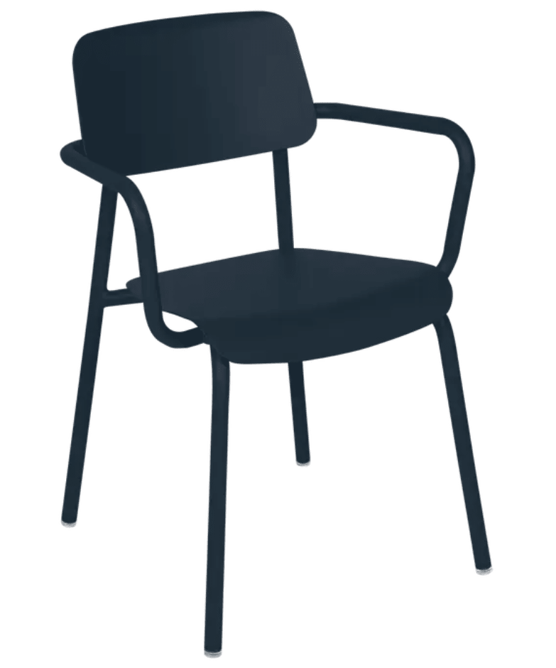 Load image into Gallery viewer, Deep blue Fermob Studie armchair, stackable contract dining chair, suitable for indoor office and home use.
