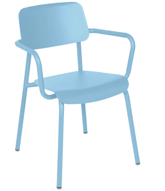MayaBlue Fermob Studie armchair, stackable indoor dining and office chair with a modern design, ideal for home and contract spaces.