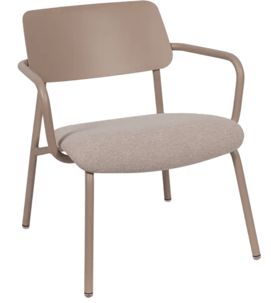 Nutmeg Fermob Studie fabric lounge armchair with metal frame, designed for office or lounge use, showcasing comfortable wide seating.