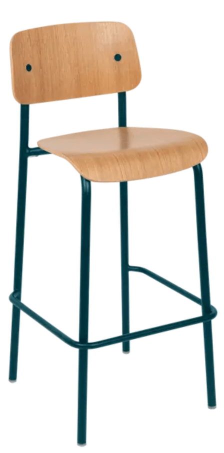 Green Studie Oak Bar Chair by Custom Wood Designs, wooden high chair with a modern design and natural oak finish.