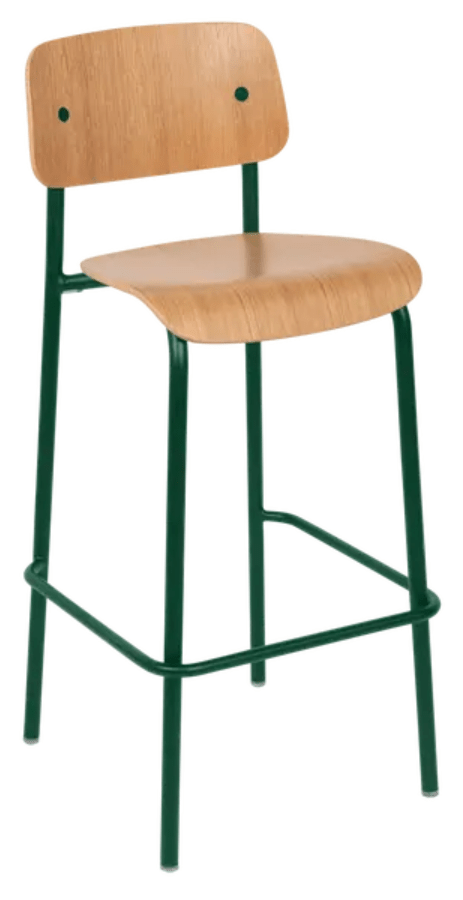 Cedar green Studie Oak Bar Chair H75 by Custom Wood Designs, high wooden bar stool with a sturdy oak frame and natural finish.
