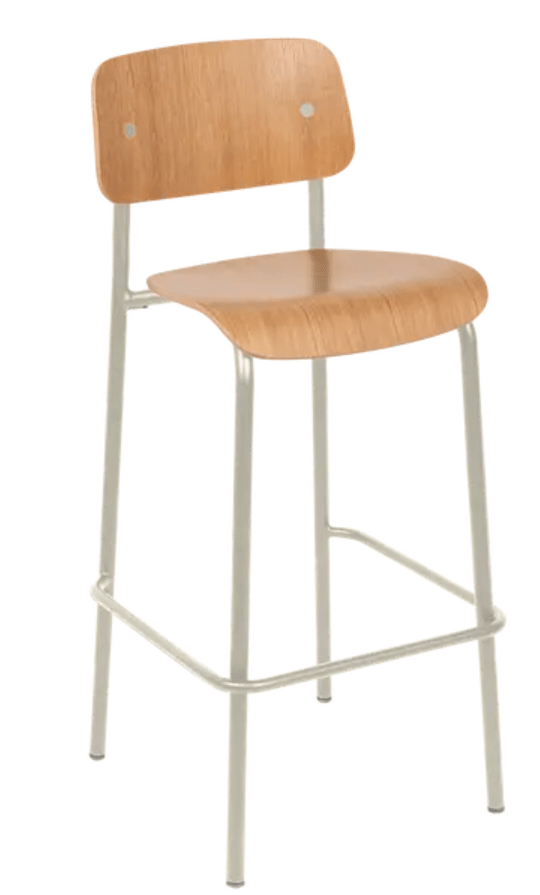 Load image into Gallery viewer, Clay grey Studie Oak Bar Chair by Custom Wood Designs featuring a wooden high chair with a sleek oak finish.

