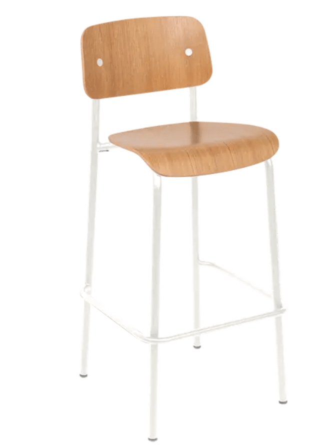 Load image into Gallery viewer, White cotton cushion on Studie Oak Bar Chair H75 by Custom Wood Designs, a high wooden bar chair with oak finish and modern design.
