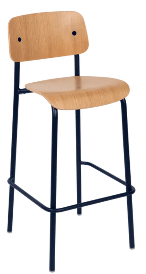 Deep blue-green wooden Studie Oak Bar Chair H75 by Custom Wood Designs, showcasing its sturdy high wooden frame and stylish design.