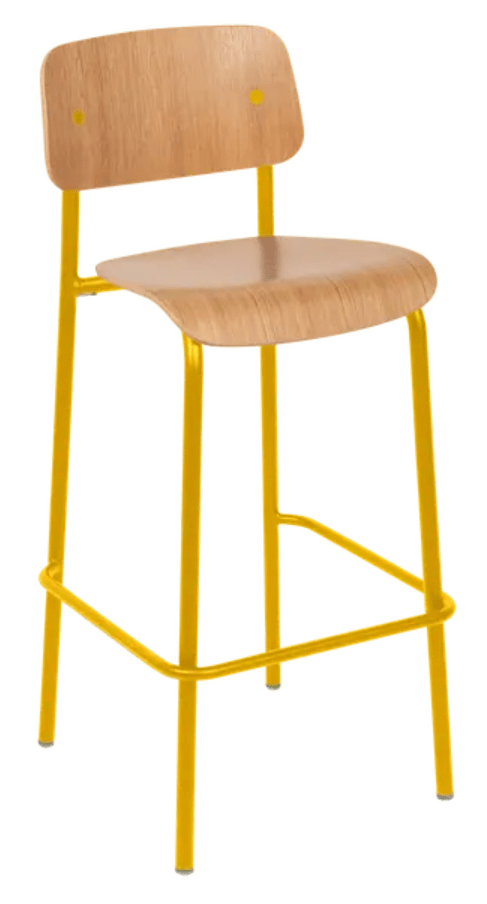 Load image into Gallery viewer, Honey-colored oak Studie Bar Chair H75 by Custom Wood Designs, showcasing a sleek wooden high chair with a smooth finish.
