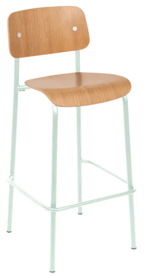 Load image into Gallery viewer, Ice mint Studie Oak Bar Chair by Custom Wood Designs, showcasing a sturdy wooden high chair with a sleek oak finish.
