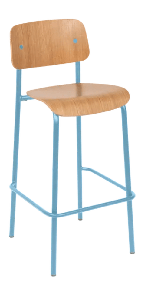 Load image into Gallery viewer, Blue Studie Oak Bar Chair by Custom Wood Designs featuring a high wooden frame and modern design, with a natural oak finish.
