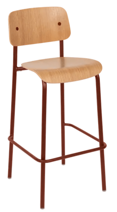 Red ochre Studie Oak Bar Chair H75 by Custom Wood Designs, featuring a sleek wooden high chair with modern design.