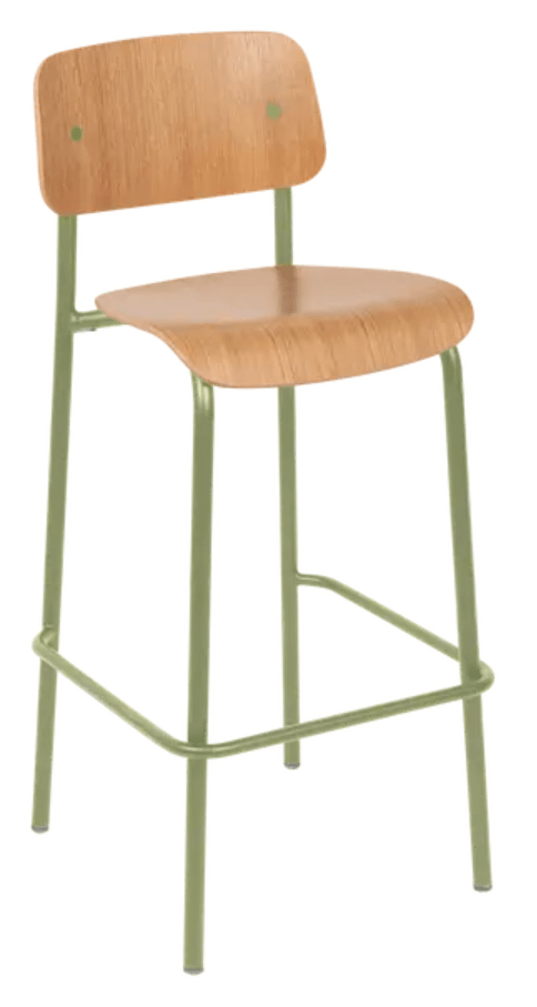 Willow green wooden Studie Oak Bar Chair H75 by Custom Wood Designs, showcasing a high oak wood bar chair with a natural finish.