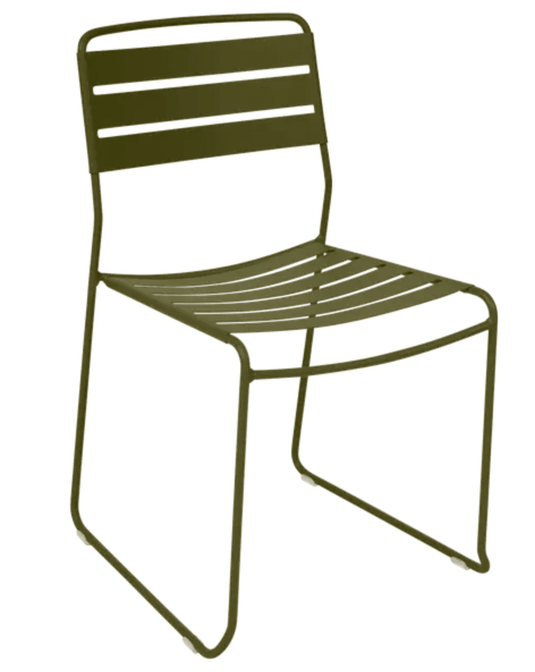 Fermob Pesto Surprising outdoor chair with vibrant green finish, stylish design, suitable for restaurant or outdoor patio use.