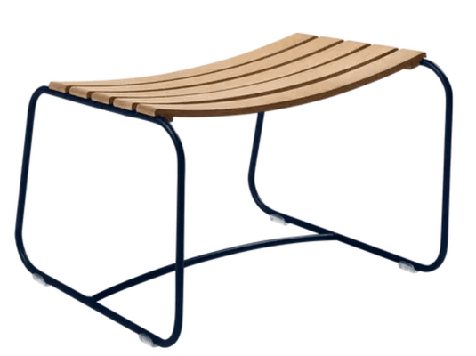 Deep blue Fermob Surprising Teak Footrest with sleek design, made from durable teak wood, ideal for outdoor or indoor use.