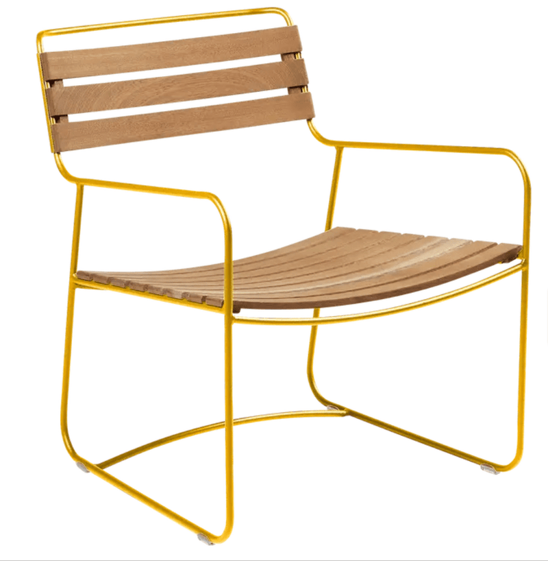 Load image into Gallery viewer, Surprising Teak Low Armchair - Custom Wood DesignsHoney-colored Fermob metal low armchair with a sleek outdoor design, ideal for patio or garden seating.Fermob Metal Chair Outdoor24575207350103Honey
