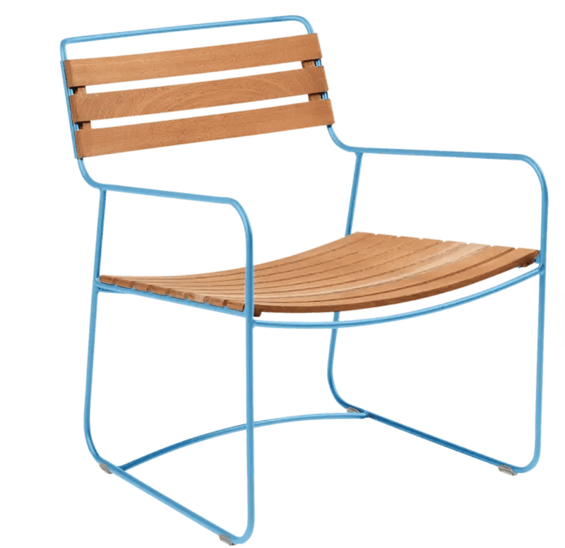 Load image into Gallery viewer, Surprising Teak Low Armchair - Custom Wood DesignsMayaBlue Surprising Teak Low Armchair by Fermob, outdoor metal chair with a sleek design and low armrests.Fermob Metal Chair Outdoor24575206886263Maya Blue
