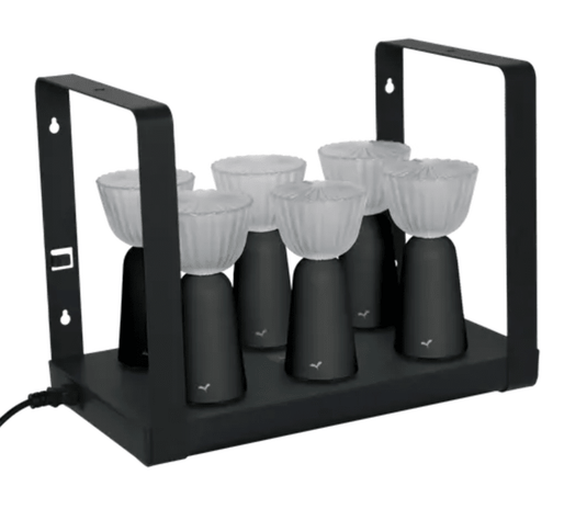 Set of 6 Fermob Swing Lamps in anthracite with charging tray, rechargeable outdoor lights for stylish outdoor living.