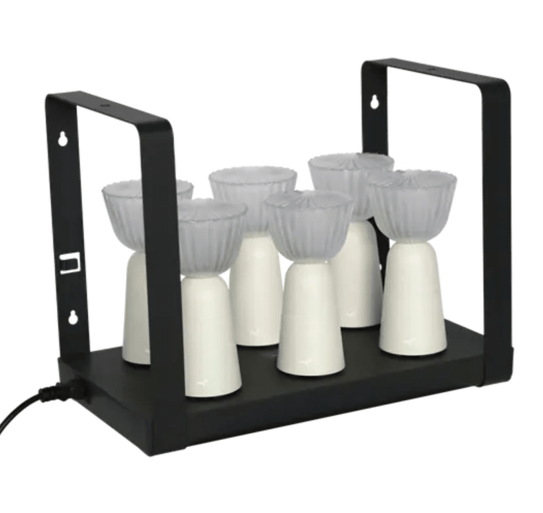 Load image into Gallery viewer, Set of 6 Fermob Swing outdoor lamps in clay grey with rechargeable battery and charging tray, perfect for outdoor lighting.
