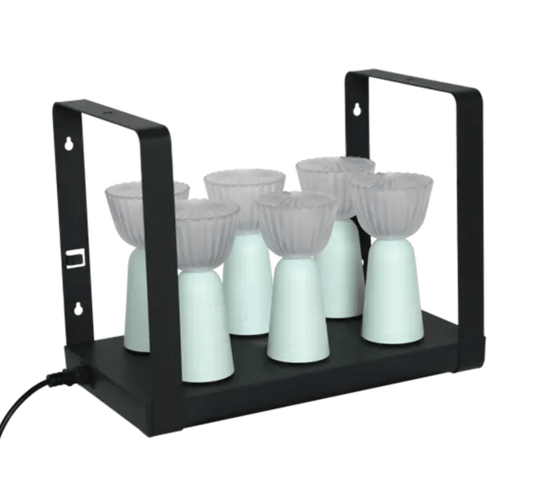Load image into Gallery viewer, Set of six Fermob Swing lamps in ice mint color with a charging tray, rechargeable outdoor lighting for patio or garden.
