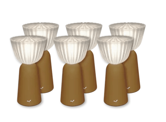 Set of 6 Fermob outdoor Swing lamps, 20 cm tall, rechargeable gingerbread-colored hanging lights for outdoor decor.