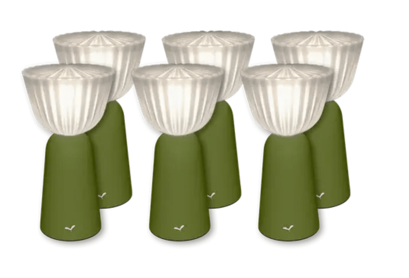 Load image into Gallery viewer, Six Fermob outdoor Pesto Swing lamps, 20cm rechargeable hanging lights, displayed in a set for outdoor decorative lighting.
